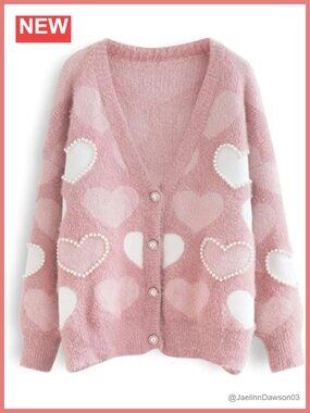 Heart Print Button Up Oversized Knit Cardigan Sweater